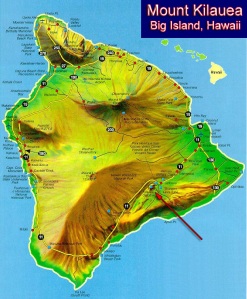 Big Island. The arrow points to Kilauea. (Image:  KilaueaAdventure.com)